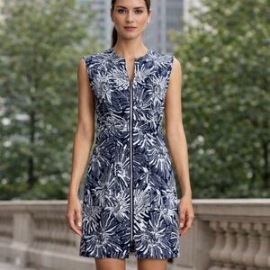Diane Von Furstenberg Navy & White Floral Print Zip-Front Cap Sleeve Dress